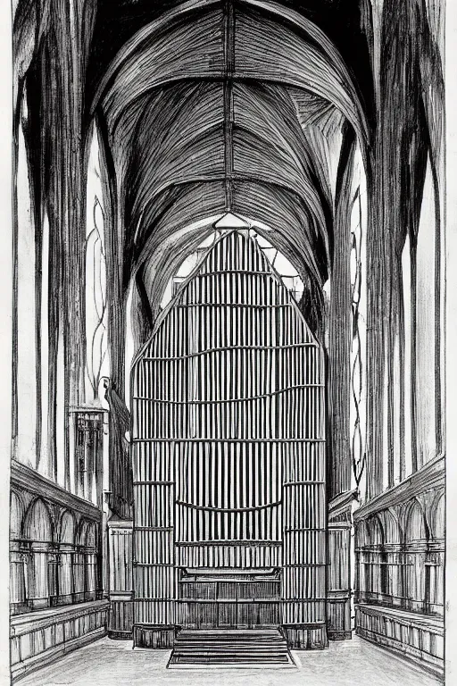 Prompt: 2d architectural drawing of a huge pipe organ designed by di fate alan lee and drawn in ink by da vinci
