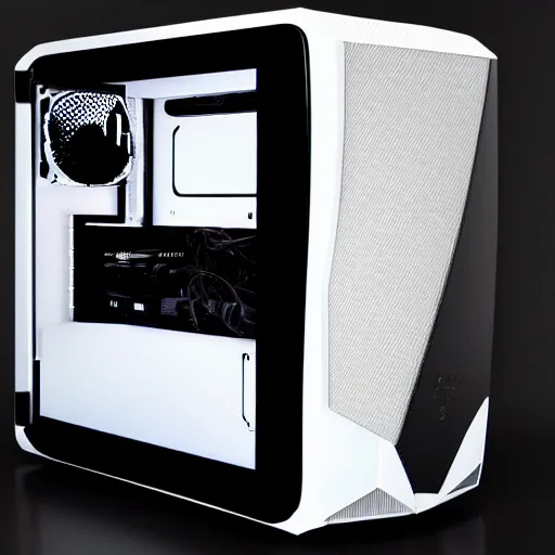 Image similar to futuristic!!! gaming pc with white lighting and a white case, hd photograph, highly detailed, intricate