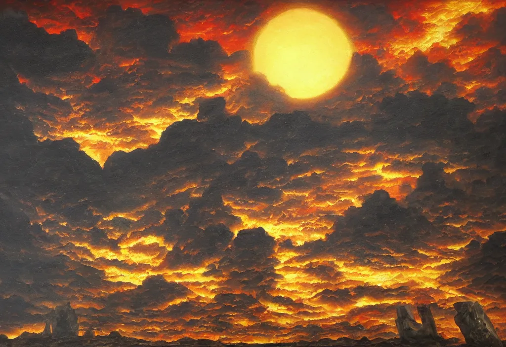 Prompt: shadow of the tyrant Sun above the ruins of the old kingdom red sun dead sky necromantic solar mythos, award winning oil painting, solar mythos palette