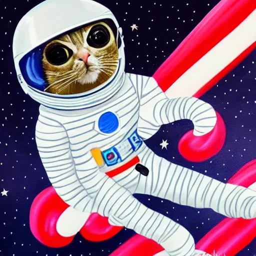 Prompt: painting of astronaut cat in space, candy canes in space, candy cane asteroid belt, candy canes flying in space, cat in astronaut suit in space, cat astronaut avoiding candy cane asteroids, astronaut cat