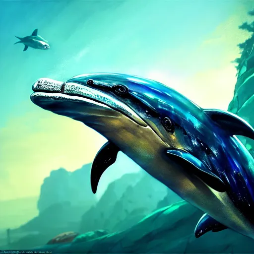 Image similar to highly detailed portrait armored dolphin in gta v, stephen bliss, unreal engine, fantasy art by greg rutkowski, loish, rhads, ferdinand knab, makoto shinkai and lois van baarle, ilya kuvshinov, rossdraws, tom bagshaw, global illumination, radiant light, detailed and intricate environment