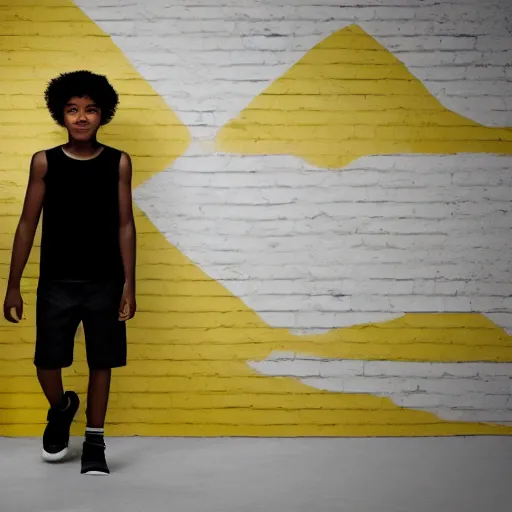 Image similar to black teenage boy wearing a white tank top with a long nose, walking in a nostalgic room with yellow walls and brown carpet