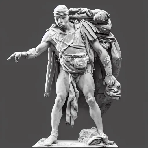 Image similar to donatello of the teenage mutant ninja turtles as a sculpture from the renaissance artist michelangelo, made of white marble, high details, cinematic, dramatic lighting, photorealistic