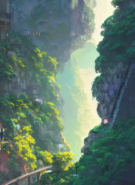 Image similar to city built on terraces in a gigantic canyon, lots of buildings connected by hanging bridges, waterfalls, glow coming from amber veins in the ground, lush vegetation, pitchblack sky, extremly detailed digital painting, in the style makoto shinkai and alena aenami, rim light, beautiful lighting, 8 k, stunning scene, raytracing, octane, trending on artstation