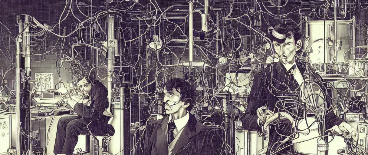 Image similar to portrait of nikola tesla in laboratory, symmetrical, by yoichi hatakenaka, masamune shirow, josan gonzales and dan mumford, ayami kojima, takato yamamoto, barclay shaw, karol bak, yukito kishiro