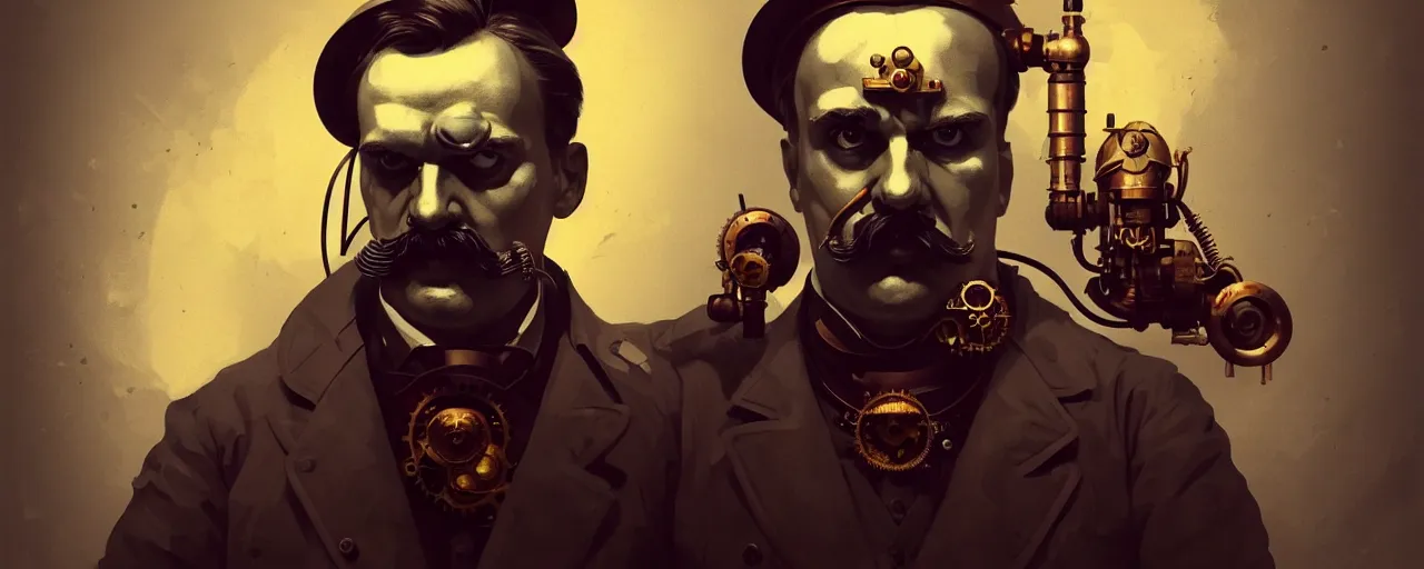 Image similar to duotone dark concept illustration 3 / 4 portrait of friedrich nietzsche as retro steampunk cyborg. cinematic ghastly lighting. golden ratio accidental renaissance. by sachin teng and sergey kolesov and ruan jia and heng z. graffiti art, scifi, fantasy, hyper detailed. octane render. concept art. trending on artstation