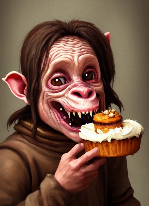 Image similar to portrait of a medieval goblin eating cakes beautiful face hyper realistic highly detailed digital painting artstation illustration co