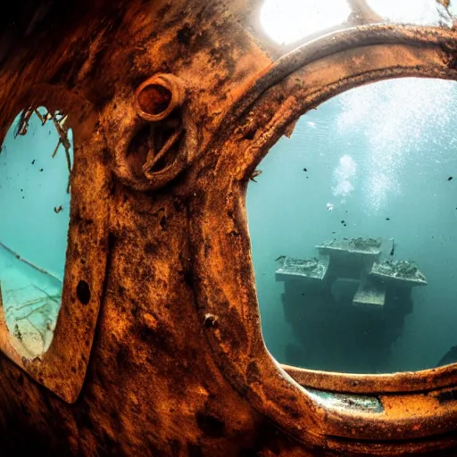 Image similar to abandoned rusty underwater city, surreal, horror, eerie, creepy, murky water, underwater, underwater photography, dark, submechanophobia, animatronics,