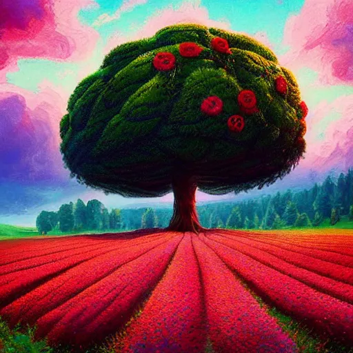 Image similar to flower field becoming a girl with dress and a giant flower as a face, hills, big trees, sunrise dramatic light, impressionist painting, colorful clouds, digital painting, pointillism, artstation, simon stalenhag