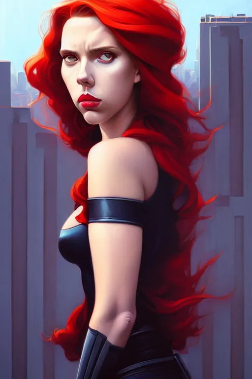 Image similar to peter mohrbacher, phil noto, artgerm, pretty scarlett johansson black widow, symmetrical eyes, long red hair, city rooftop