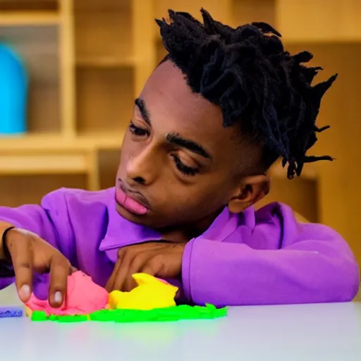 Image similar to playboi carti playing with playdoh, intensely focused