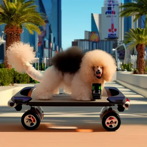 Image similar to fluffy poodle traveling on a hoverboard in las vegas, [ 4 k digital art ]!!, trending on cgsociety