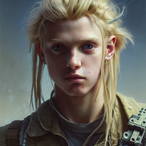 Image similar to portrait painting of a post - apocalyptic blonde teenager with matted long hair wearing light scrap armor with an old gun on his back, ultra realistic, concept art, intricate details, eerie, highly detailed, photorealistic, octane render, 8 k, unreal engine. art by artgerm and greg rutkowski and charlie bowater and magali villeneuve and alphonse mucha