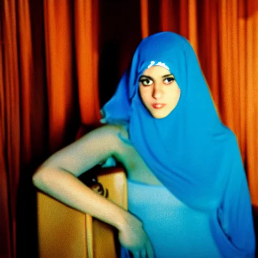 Prompt: 7 0 s movie of an arab young girl in a burqa at a strip club, cinestill 8 0 0 t 3 5 mm technicolor, heavy grain, high quality, high detail