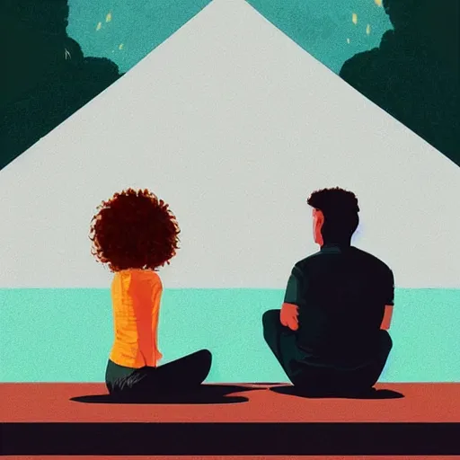 Image similar to a man and a woman sitting down with their white cat, the boy is bald with a brown baseball hat, the girl has short curly black hair, art by Alena Aenami