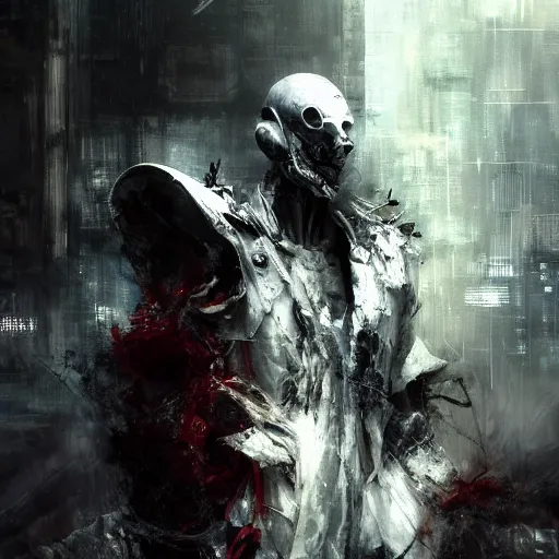 Image similar to a humanoid cyberpunk white dragon wearing a white mage robe by melmoth zdzislaw belsinki craig mullins yoji shinkawa realistic render ominous detailed photo atmospheric by jeremy mann francis bacon and agnes cecile ink drips paint smears digital cyberpunk, realistic anime, dramatic lighting, red light, red highlights