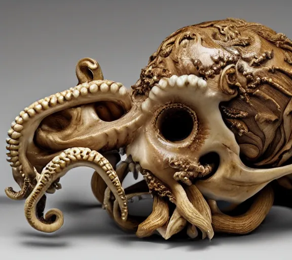 Image similar to an intricately detailed carving in an human - octopus skull, rococo ornate bone and ivory sculpted skull with teeth and tentacles, horror, artifact, micro detailed, inscribed with occult symbols, otherworldly