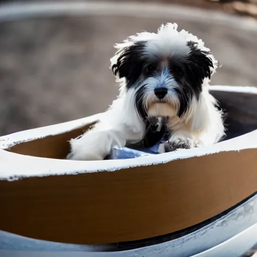 Image similar to a cream-colored havanese dog in a bobsled, gopro photo, 4k