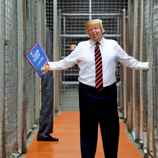 Prompt: photo of Donald trump being taunted in prison wearing an orange jumpsuit