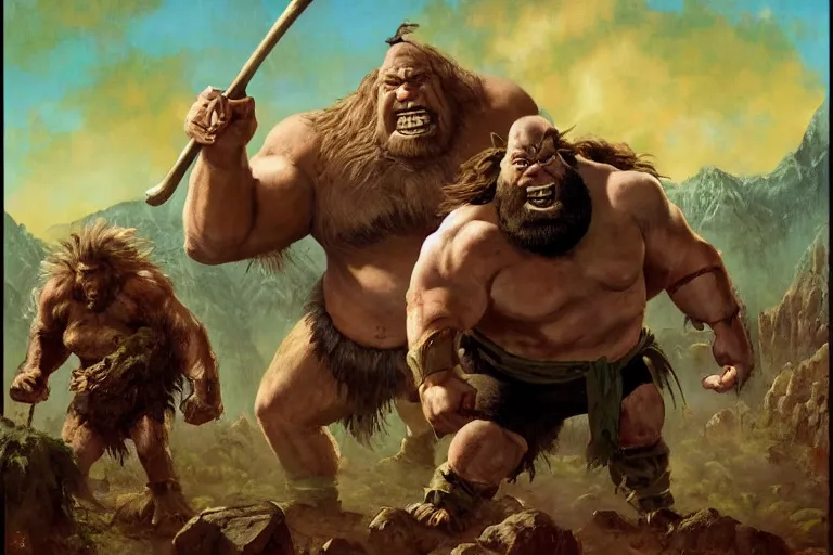 Prompt: braun strowman as a huge ogre with other ogres in a misty valley, painted by phil hale and cos koniotis and rick berry and dean cornwell and norman rockwell and jack kirby and tom lovell and jeremy mann