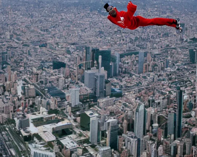 Prompt: dennis rodman t-posing in the air like jordan. he is flying over the city like a delicate little dove