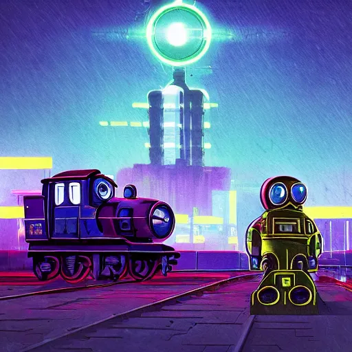 Image similar to cyberpunk thomas the tank engine, style of simon stalenhag