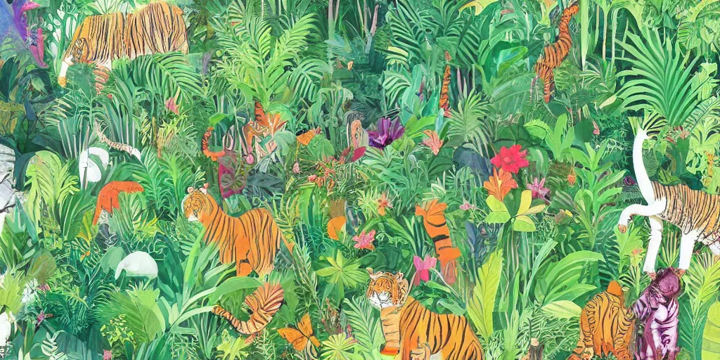 Prompt: detailed illustration, a lush tropical jungle in the style of may gibbs, tiger, elephant, 🐅, 🐘, layered composition, layers, texture, textured, layered, sculpted, dynamic, jungle, tropical, 🌱, 🦋,