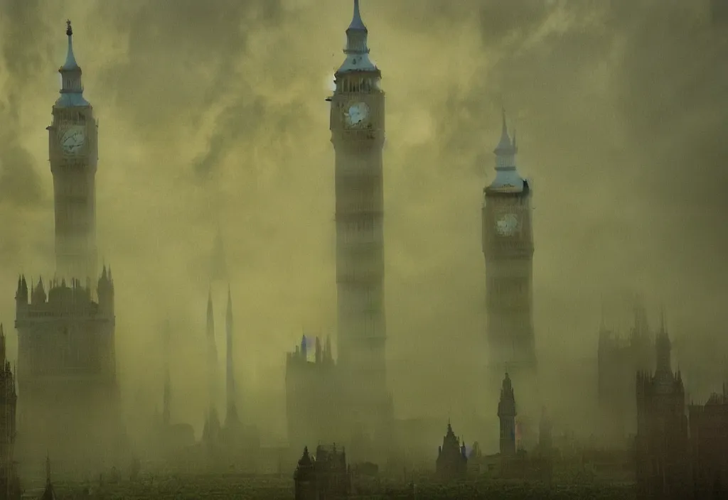 Prompt: london in green mist by carl gustav carus, clocktower, steampunk, tentacles, cthulhu, digital art, 4k, trending on artstation, highly detailed