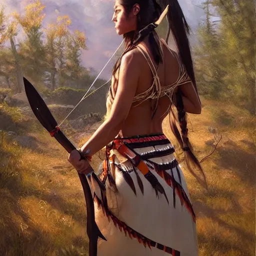 Prompt: a woman dressed in native american clothing holding a bow and arrow, a fine art painting by john clayton, ambient lighting, detailed face, by makoto shinkai, stanley artgerm lau, wlop, rossdraws