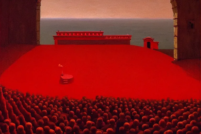 Image similar to only with red, a red great emperor, taormina amphitheatre, crowd with big smile, in the style of beksinski, parts by edward hopper, parts by rodcenko, parts by yue minjun, intricate and epic composition, red by caravaggio, insanely quality, highly detailed, masterpiece, red light, artstation, 4 k