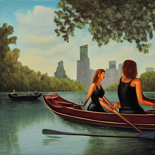 Prompt: surreal painting of a woman and a monster sitting together rowing a boat in central park