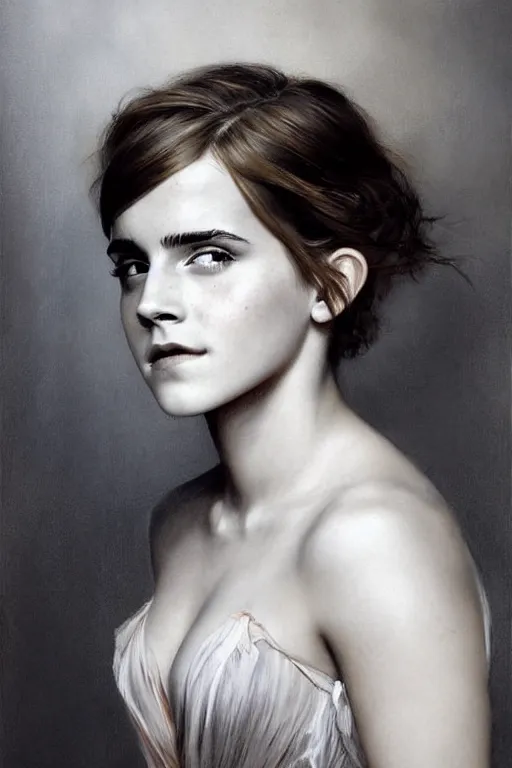 Image similar to emma watson gathered faille v - neck detailed portrait painting by gaston bussiere craig mullins j. c. leyendecker award winning photograph photorealsitic octane render photograph by richard avedon peter lindbergh