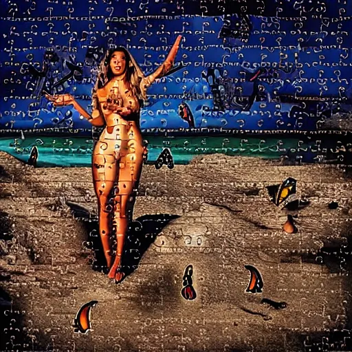 Prompt: A surreal painting of a puzzle of a beautiful woman on a desert beach with scattered puzzle pieces by Salvador Dali, dark vibes, high contrast, cinematic, depth of field