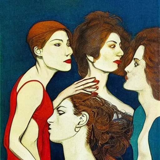 Image similar to The art installation is a beautiful work of art. The three graces are depicted as beautiful young women, each with their own unique charms. The art installation is full of color and life, and the women seem to radiate happiness and joy. hot, Tumblr by László Moholy-Nagy, by Carlos Schwabe relaxed, ultradetailed