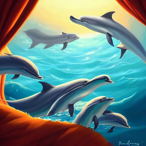 Image similar to a painting of a group of dolphins swimming in the ocean by rhads, deviantart contest winner, fantasy art, lovecraftian, 2 d game art, artstation hq.