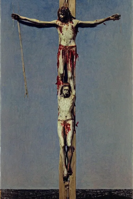 Image similar to bloody christ crucified and some bright ufo in the sky painted by cy twombly and andy warhol