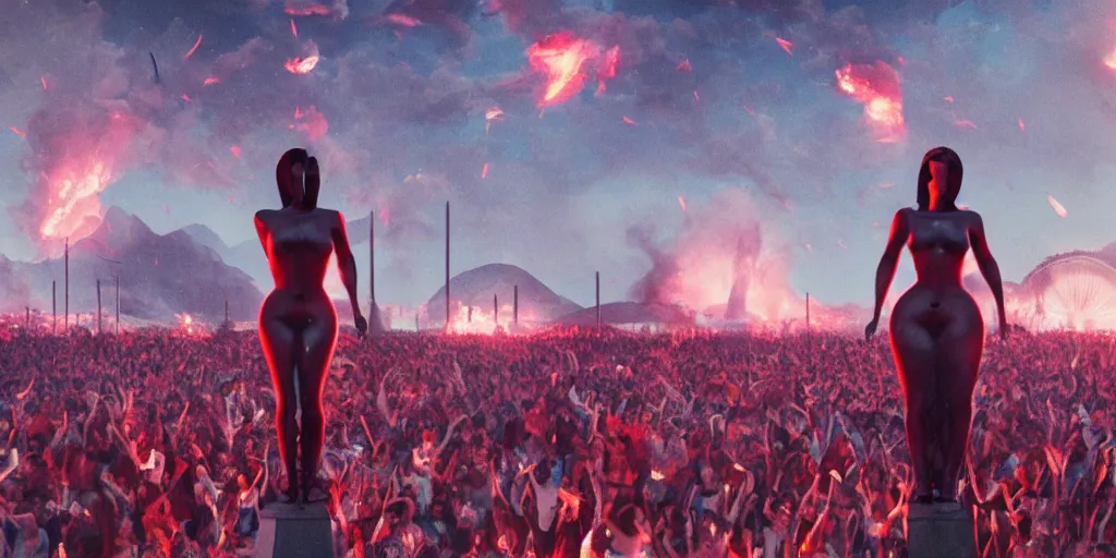 Prompt: realistic cinematic views of a orwellian coachella with fires in the background and dead birds falling from the sky in front of the main stage worshipping a large statue of kim kardashian, hyper detailed, terror glows, hyper realistic, digital painting, 8 k, 3 5 mm film grain, octane render