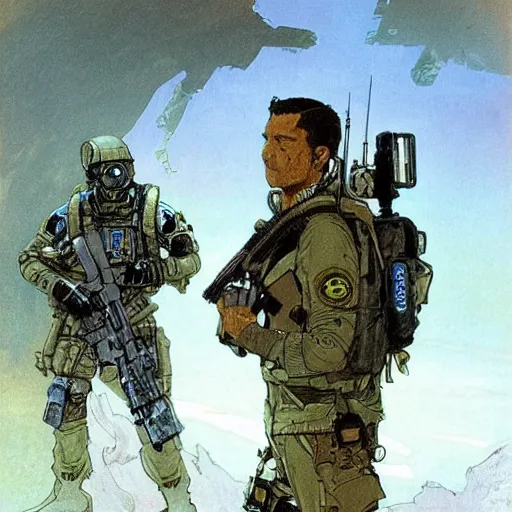 Image similar to Hector. USN special forces recon operator in near future gear, cybernetic enhancement, on patrol in the Australian neutral zone, deserted city landscape. 2087. Concept art by James Gurney and Alphonso Mucha