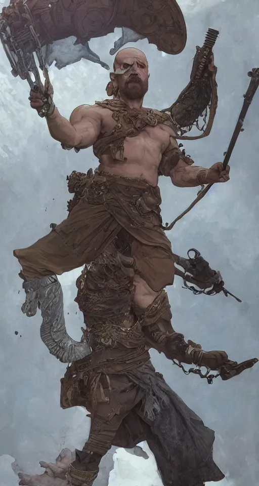 Image similar to Heisenberg as Kratos, highly detailed, digital painting, artstation, concept art, smooth, sharp focus, illustration, ArtStation, art by artgerm and greg rutkowski and alphonse mucha and J. C. Leyendecker and Edmund Blair Leighton and Katsuhiro Otomo and Geof Darrow and Phil hale and Ashley wood and Ilya repin and Charlie Bowater