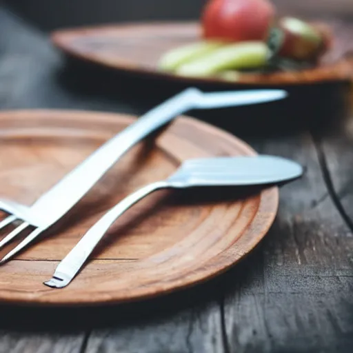 Image similar to a fork, a plate and a knife on a wooden table