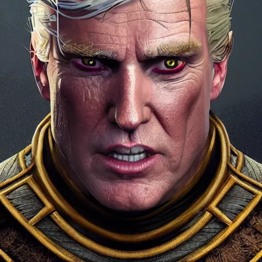 Image similar to donald trump is the witcher, hyper detailed, digital art, trending in artstation, cinematic lighting, studio quality, smooth render, unreal engine 5 rendered, octane rendered, art style by klimt and nixeu and ian sprigger and wlop and krenz cushart.