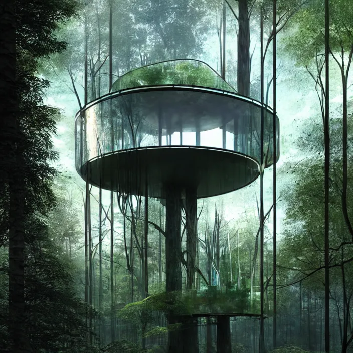 Prompt: modern futuristic all glass and chrome treehouse deep in ancient forest beside a reflecting pong, dramatic lighting, fantasy, intricate, elegant, highly detailed, lifelike, photorealistic, digital painting, artstation, illustration, concept art, smooth, sharp focus, art by John Collier and Albert Aublet and Krenz Cushart and Artem Demura and Alphonse Mucha