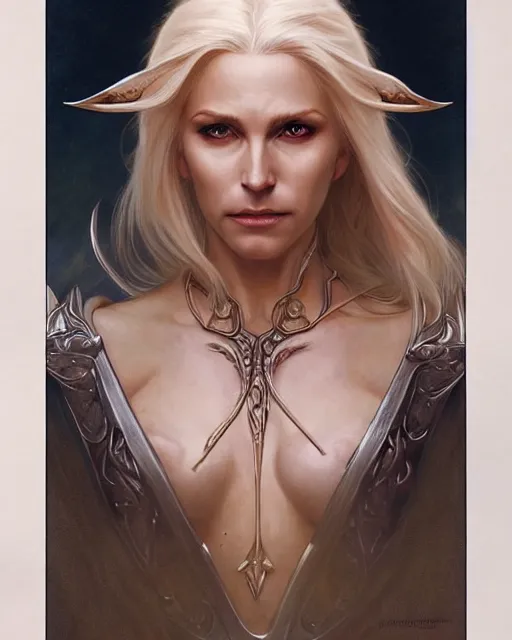 Image similar to portrait of an old blonde elven mage, dark, piercing eyes, gentle expression, elegant clothing, photorealistic, highly detailed, artstation, smooth, sharp focus, art by michael whelan, artgerm, greg rutkowski and alphonse mucha