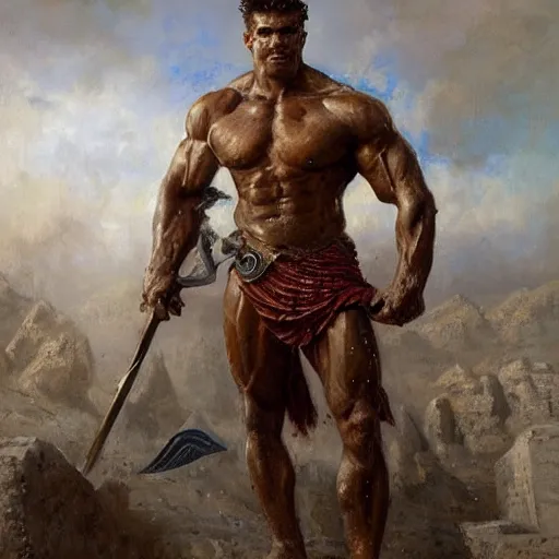 Image similar to handsome portrait of a spartan guy bodybuilder posing, by gaston bussiere, bayard wu, greg rutkowski, giger, maxim verehin