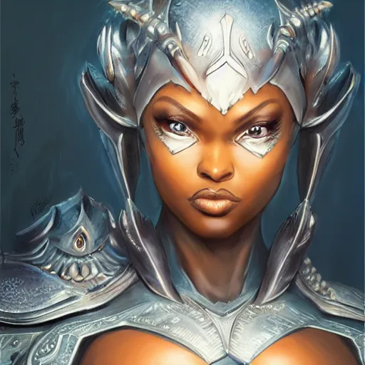 Image similar to jada fire as a fantasy paladin woman, symmetrical portrait, holy glow, by Yoshitaka Amano, Ruan Jia, Kentaro Miura, Artgerm, 8k