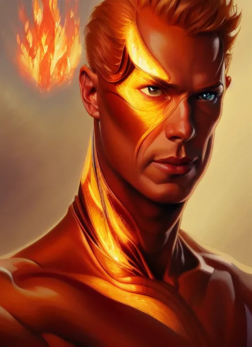 Image similar to Portrait of The Human Torch, D&D, muscular, fantasy, intricate, elegant, highly detailed, digital painting, artstation, concept art, smooth, sharp focus, illustration, art by artgerm and greg rutkowski and alphonse mucha