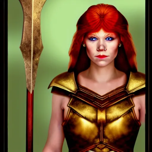 Image similar to A portrait of a beautiful redhead valkyrie as a D&D character, realistic, smooth skin, symmetrical, golden ration