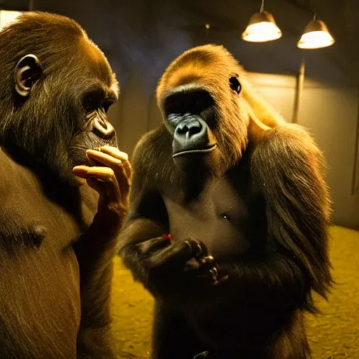 Prompt: A photo of Jesse Pinkman smoking weed with a gorilla, cinematic lighting