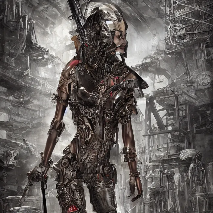 Image similar to apocalyptic woman in hood standing in hall of machinery and weaponry, hyper - detailed, smooth, sharp focus, 4 k ultra hd, fantasy dark art