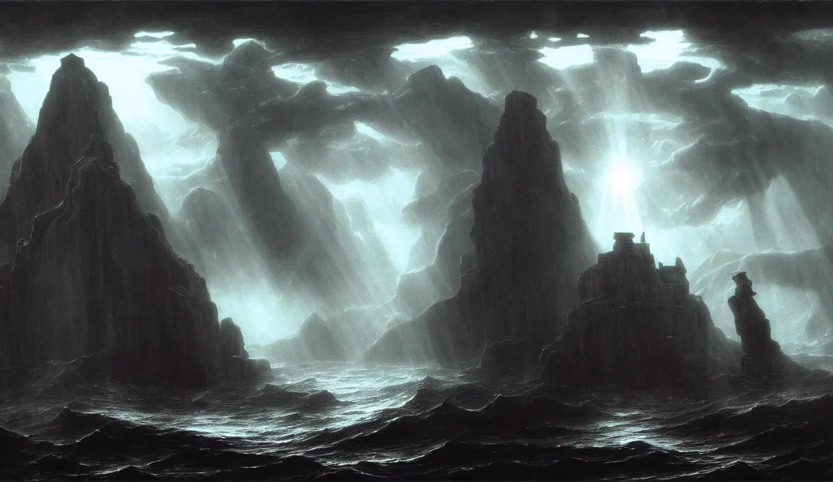 Prompt: low ultrawide shot, dark, underwater statues, submerged pre - incan temple with carvings, abyss, stylized, anime style mixed with fujifilm, detailed gouache paintings, crepuscular rays, dark, murky, foggy, atmospheric, nicola samori, albert bierstadt, frederic edwin church, beksinski, wayne barlowe's inferno